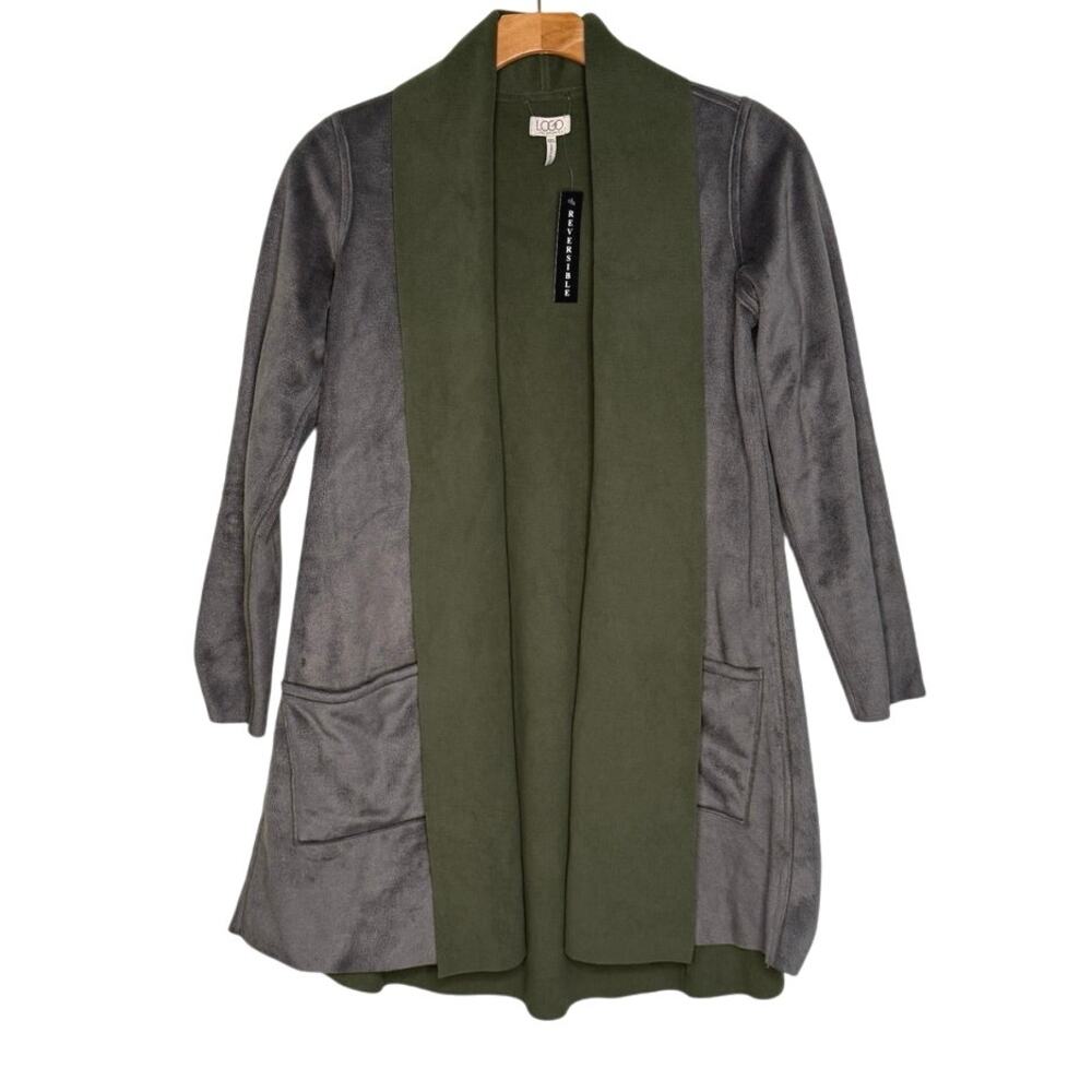 NWT LOGO LORI GOLDSTEIN Reversible green/gray fleece open cardigan size XXS